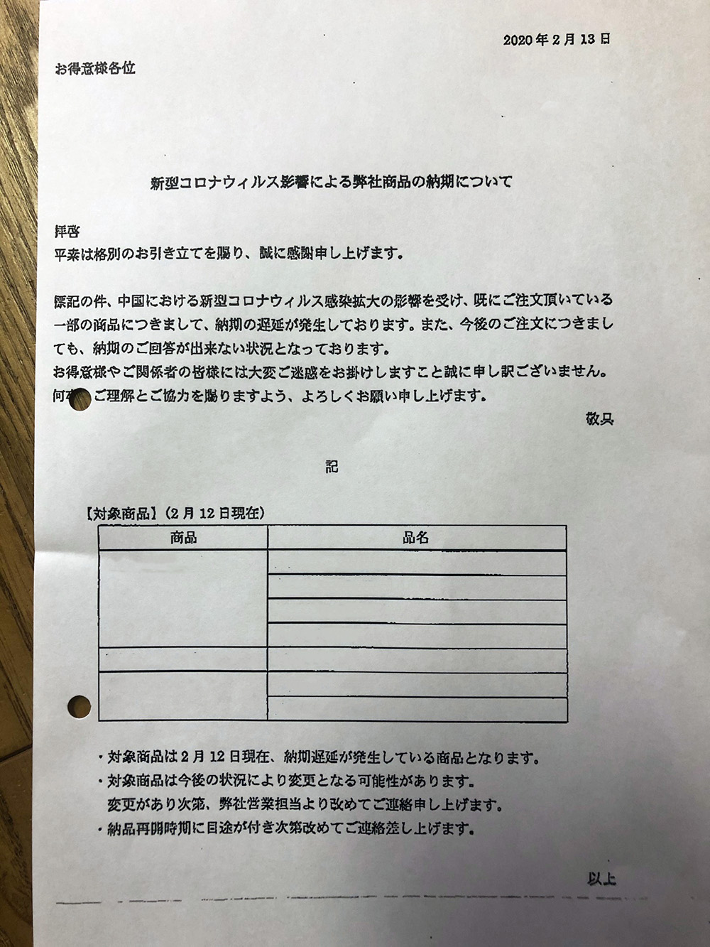新型コロナウイルスによる影響・・・